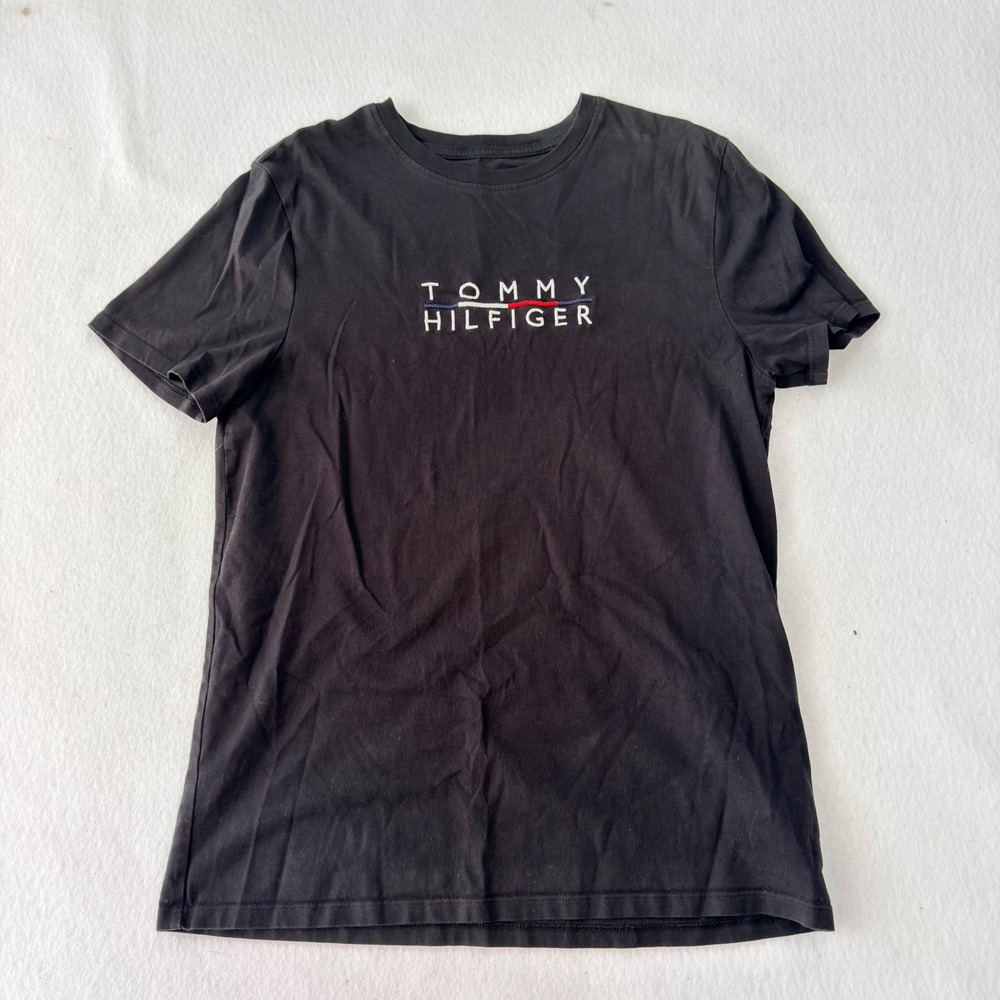 Y2K Tommy Hilfiger Womens Embroidered Logo Shirt Black Cotton Short Sleeve Small